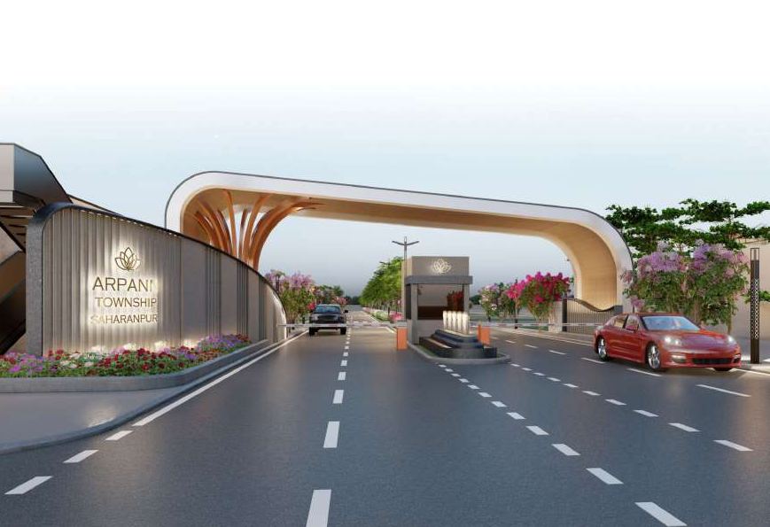 Render of the signature entrance gateway arching over the main road into the township