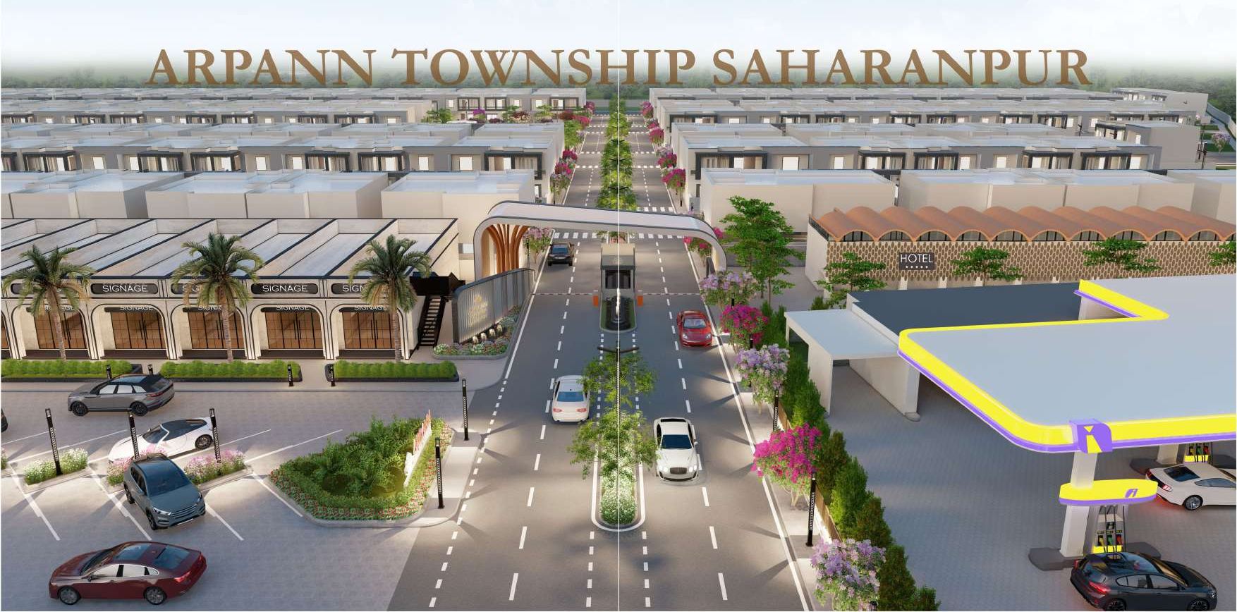 Aerial render of Arpann Township Saharanpur's main boulevard, homes, hotel and fuel station